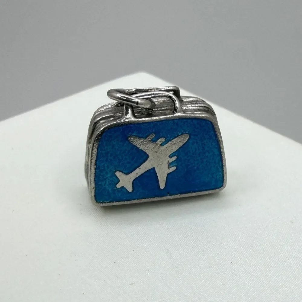 Vintage Sterling Silver and Blue Enamel, airplane‎ suitcase charm/pendant